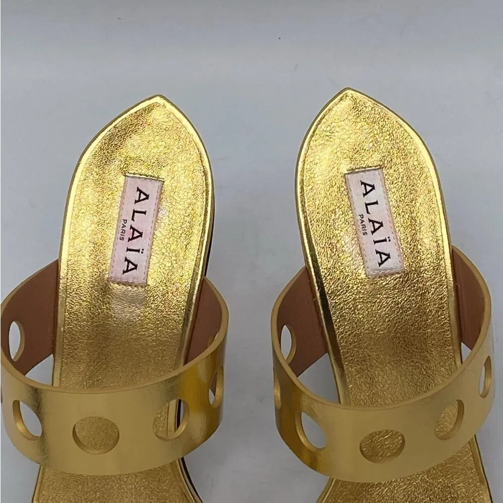 Alaia Perforated Metallic Square Toe Mules Sandal size 40.5